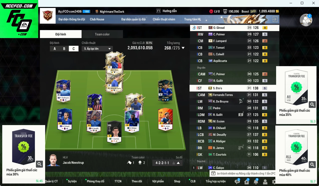 [ACC Rẻ🔥] Chelsea 2.093.610b có Eto ITM+5, Torres ITM+5, Essien ITM+5, Desailly CC, Rudiger SPL, K. De Bruyne 24TY, Lampard ITM+2, Gullit LN, Palmer WB, Pedro LE, Giroud CC... Còn nhiều CP GIẢM THUẾ, HLV Xịn